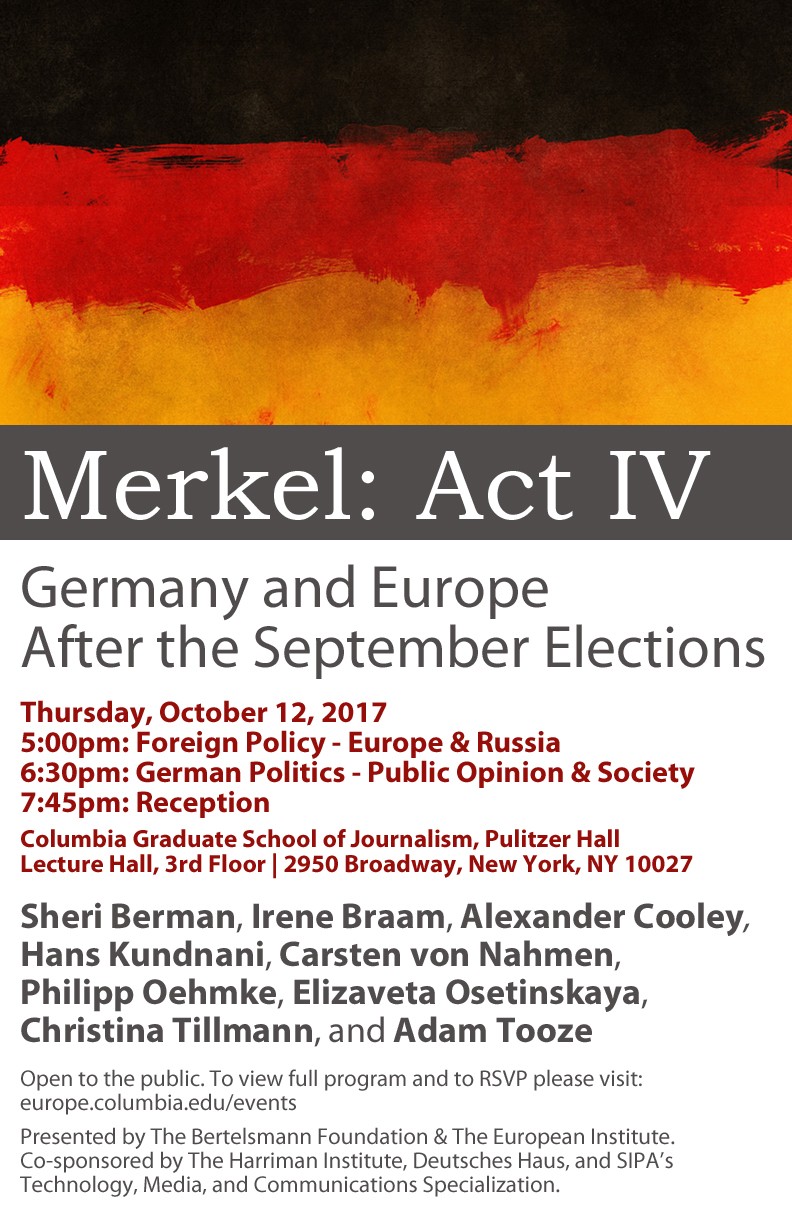 Flyer with an abstract depiction of the German flag and event and speaker information below for "Merkel: Act IV - Germany and Europe After the September Elections"