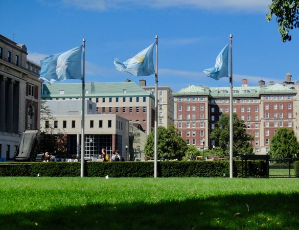 Blue Columbia University flags on the greenery of the South Lawn on Columbia University campus.
