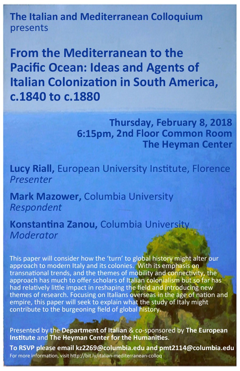 Flyer for "From The Mediterranean to the Pacific Ocean" event, with text details over an idyllic photo of sky and trees.
