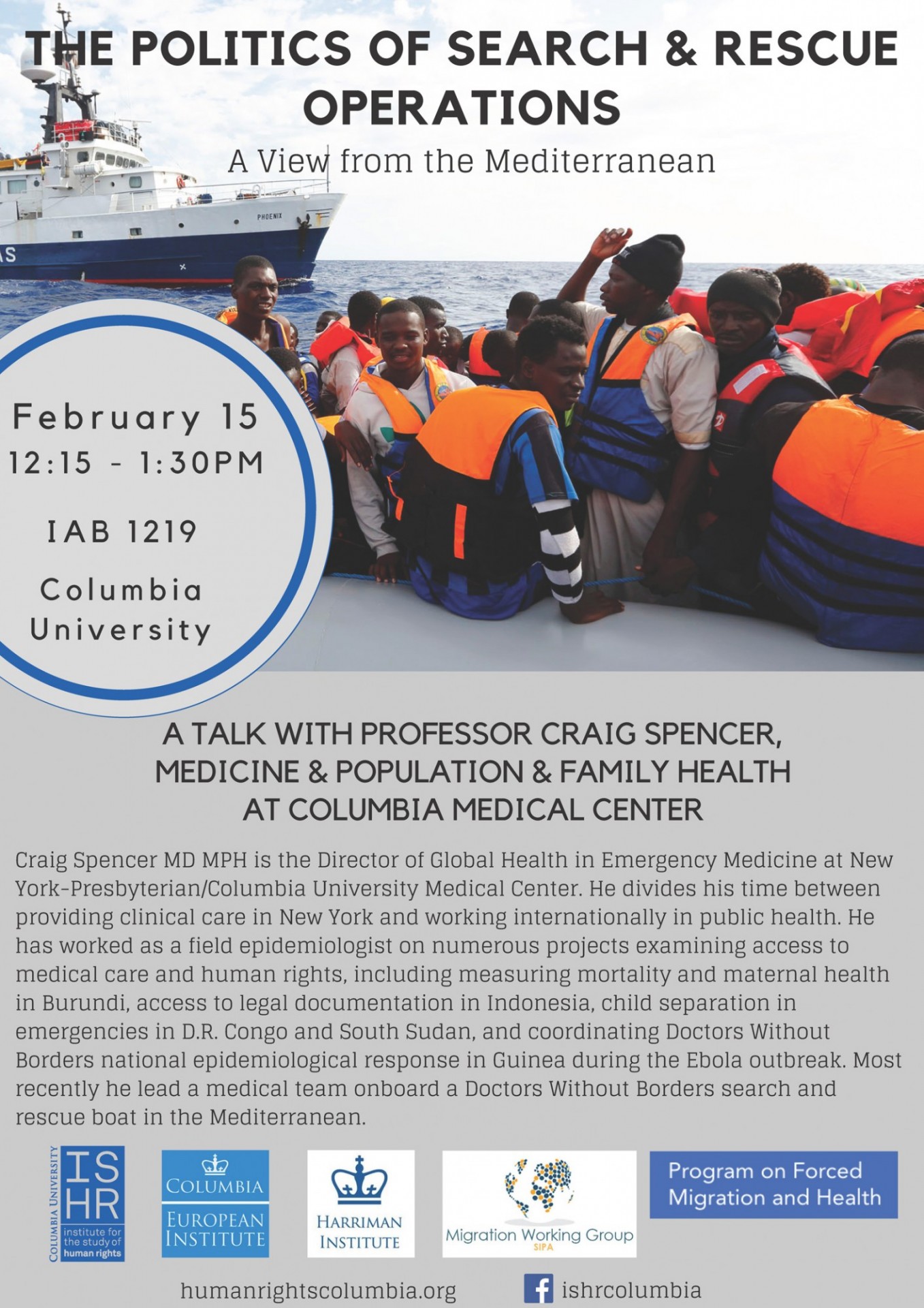 Flyer for "The Politics of Search and Rescue" event, with text details over a photo over people with life jackets on a boat. 