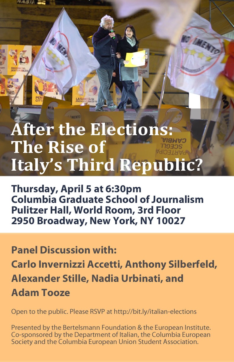 Flyer for event "After the Elections: The Rise of Italy’s Third Republic?"