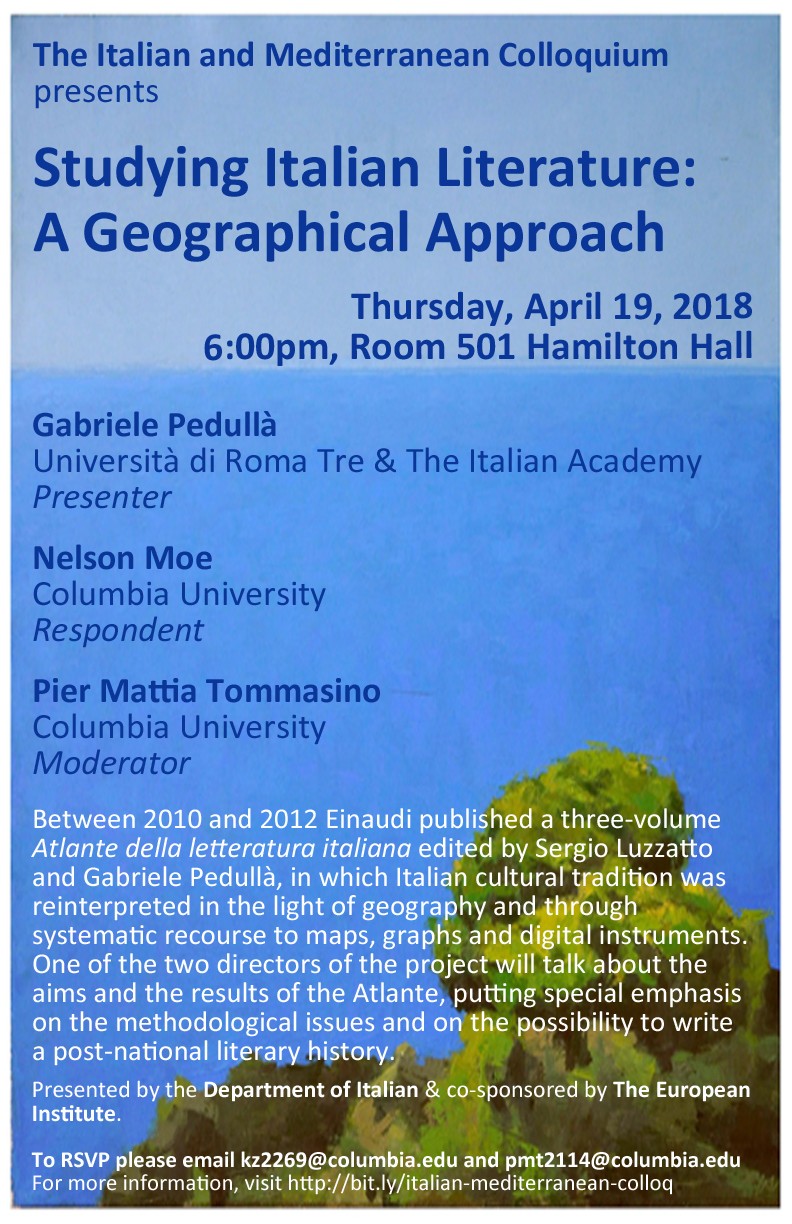 Flyer for event "Studying Italian Literature: a Geographical Approach — Italian Mediterranean Colloquium"