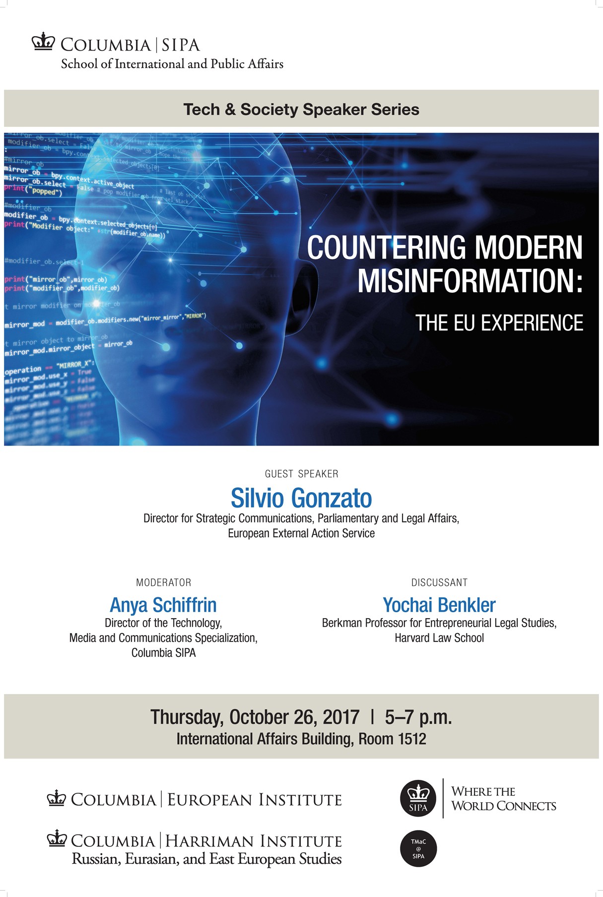 Flyer for the Countering Modern Misinformation: The EU Experience, featuring a image of human brain and data