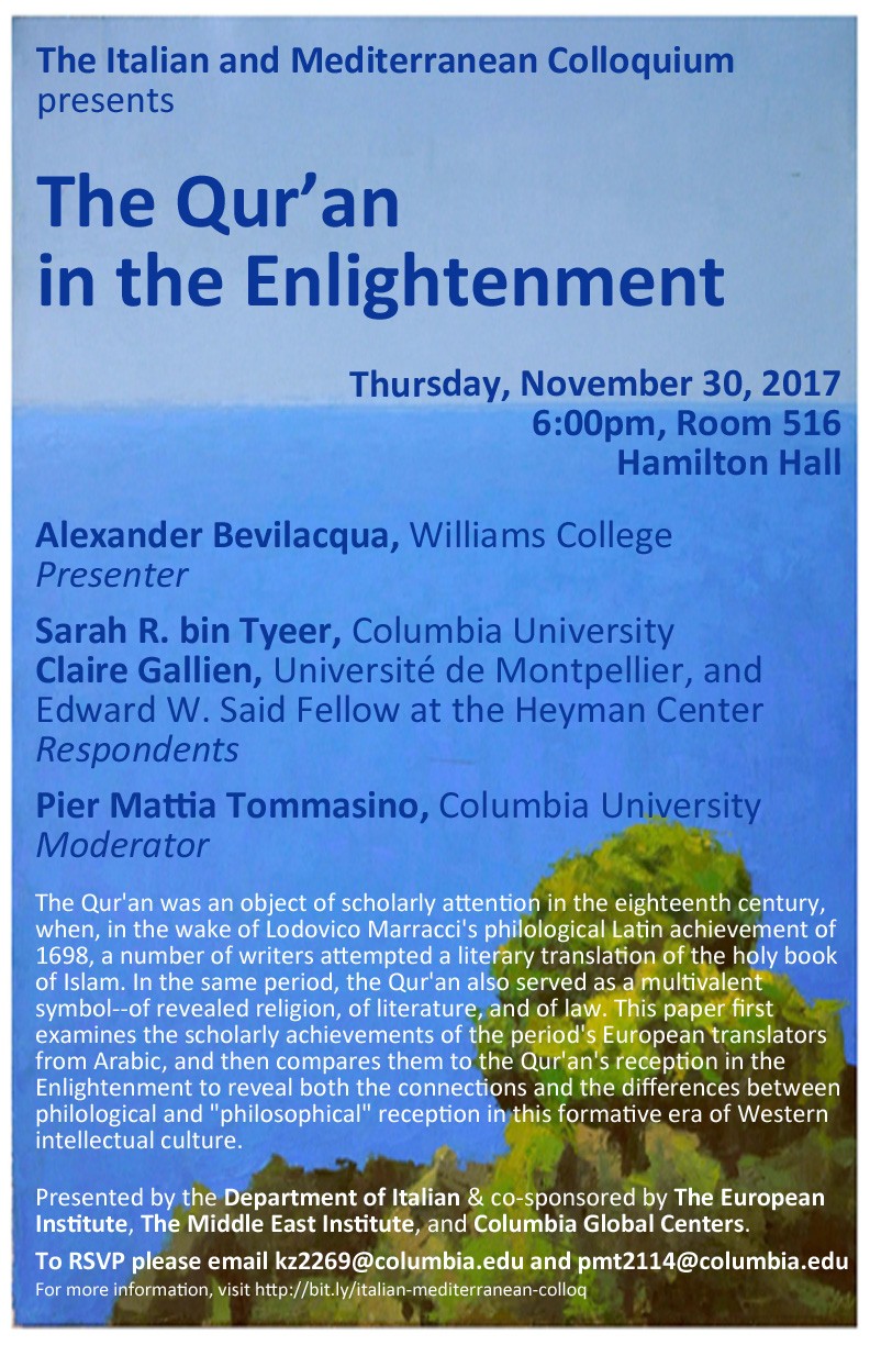 Flyer for "The Qur'an in the Enlightenment" with talk and speaker details noted