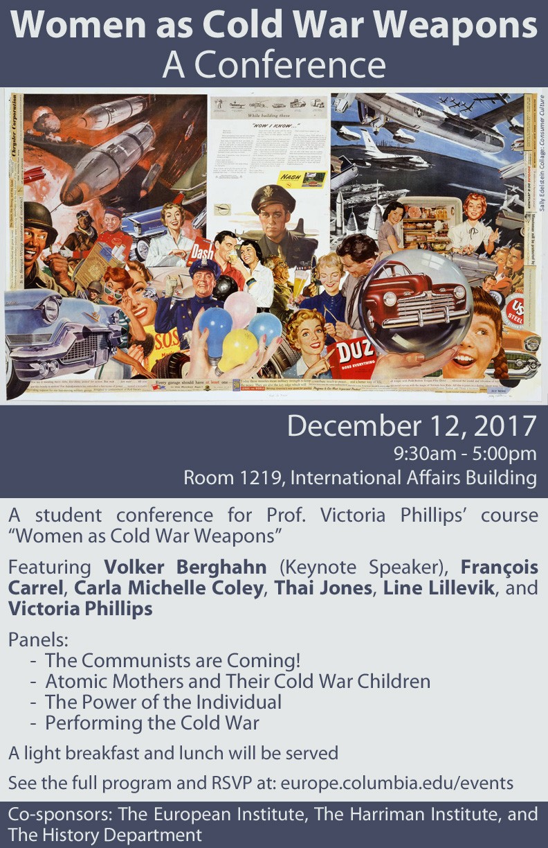 Flyer for "Women as Cold War Weapons - A Conference" with event and speaker details, featuring a collage of Cold War images