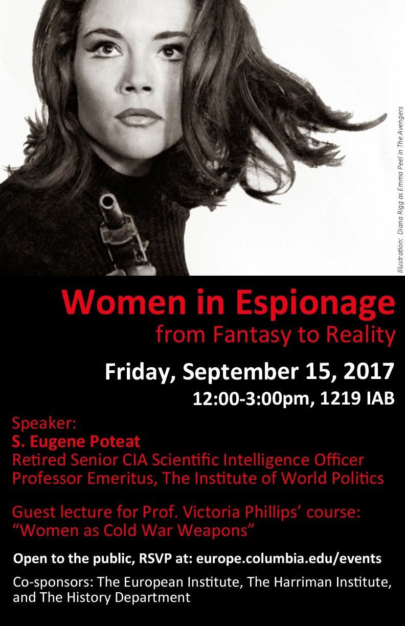 Flyer for Women in Espionage: from Fantasy to Reality — Women as Cold War Weapons series, featuring a image of a woman with gun.