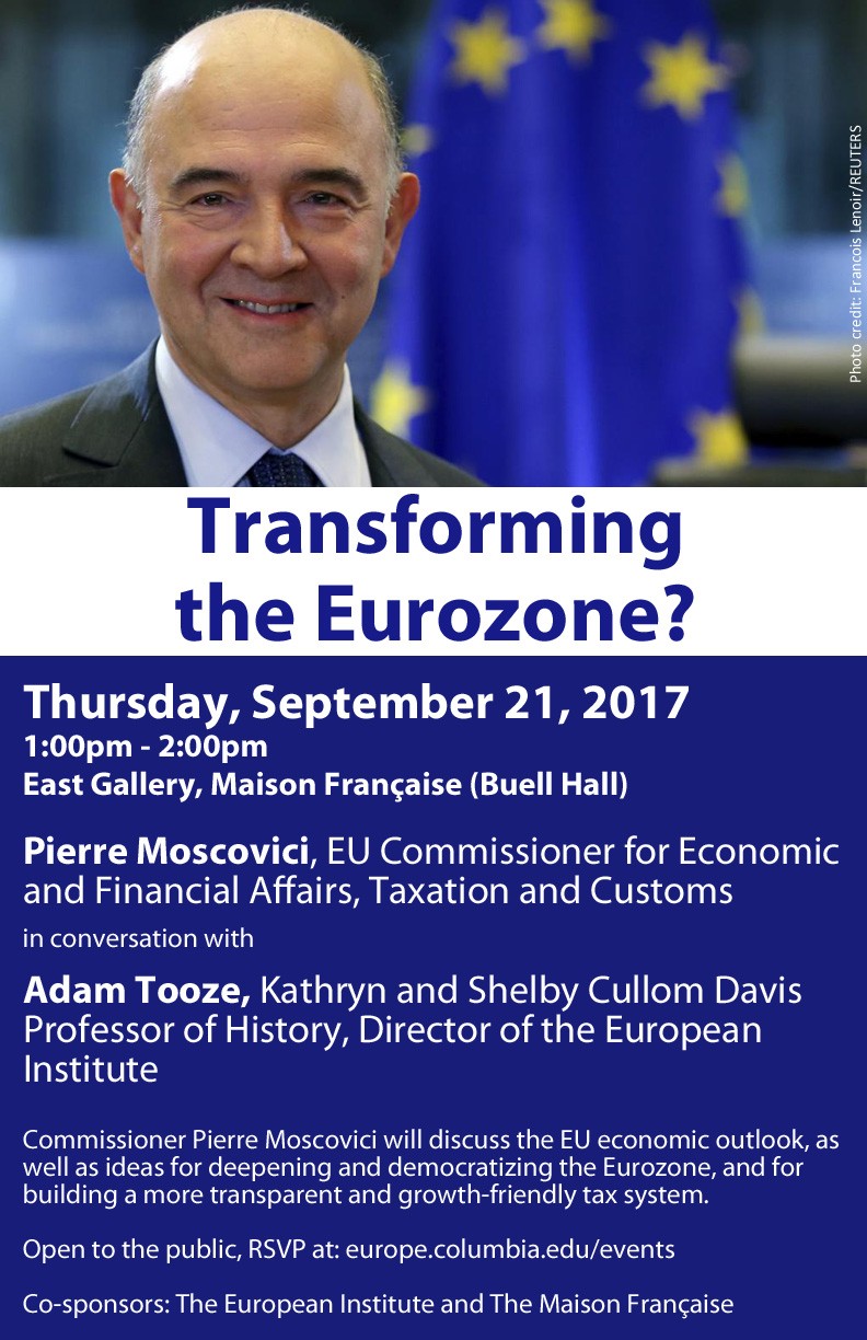 Flyer for Pierre Moscovici: “Transforming the Eurozone?”, featuring a image of  Pierre Moscovici.