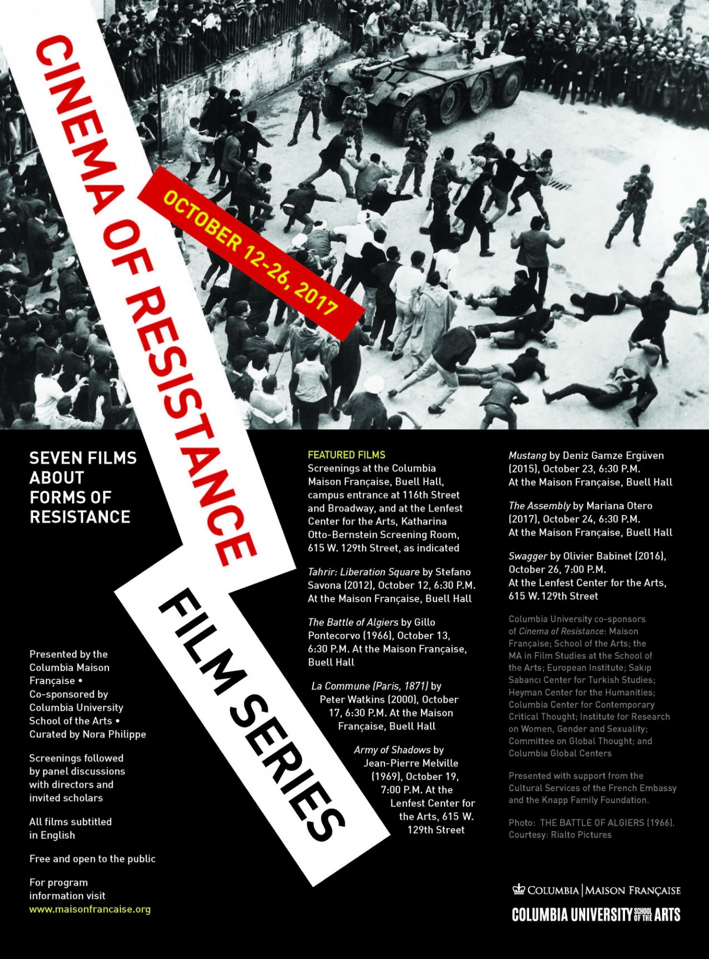 Flyer for the Cinema of Resistance: A Film Series, featuring with a screenshot