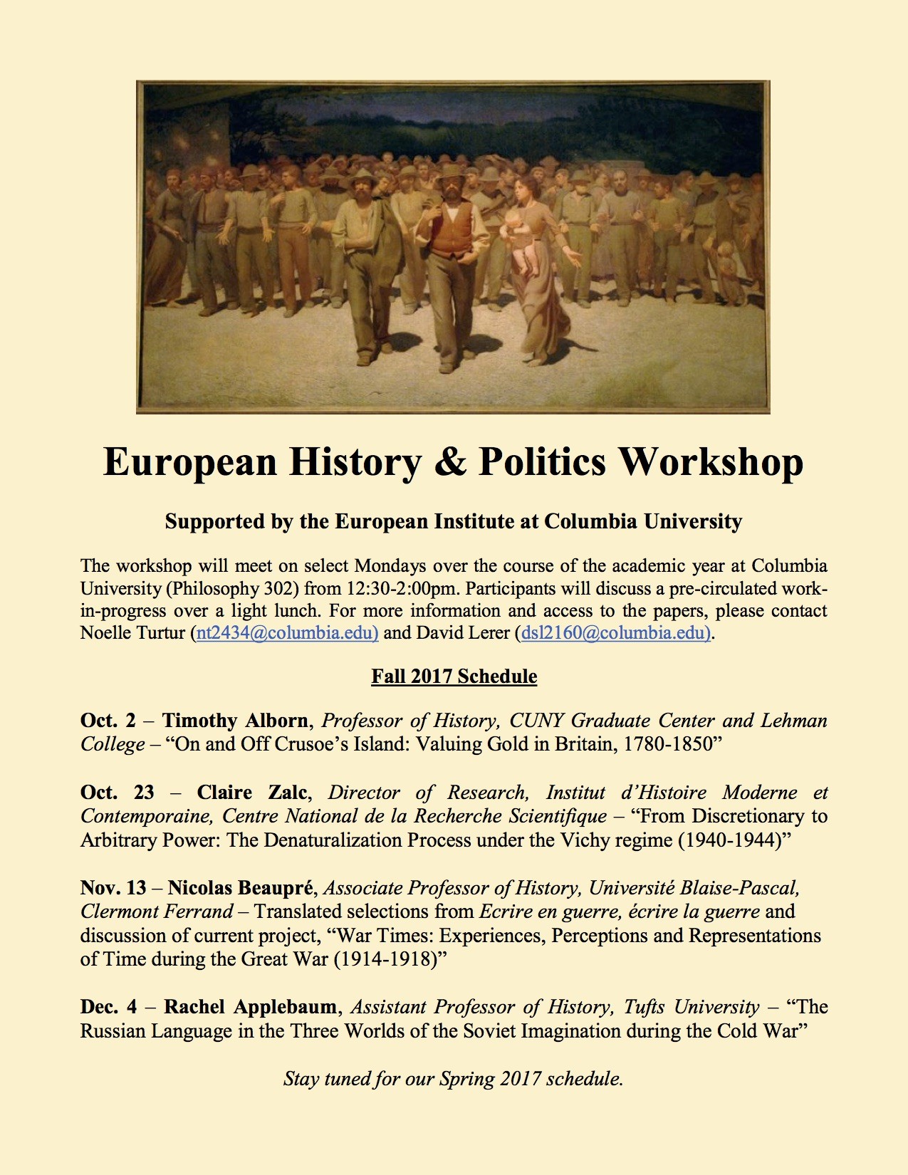 Flyer for the European history & politics workshop, featuring a image of European painting
