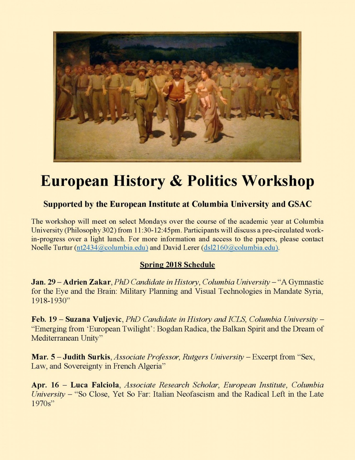 Flyer for European History and Politics Workshop series, with text details about the events