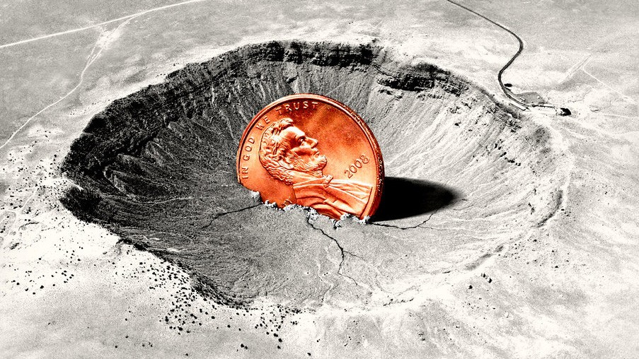 A copper penny embedded in a crater
