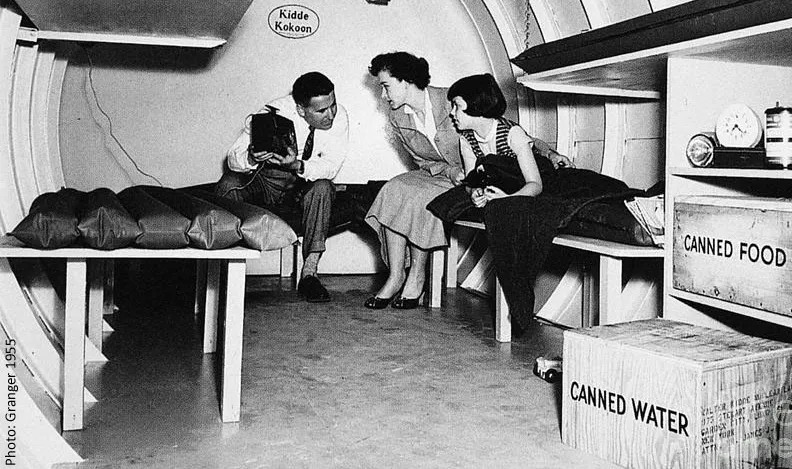 Flyer for "Food as a Weapon" with speaker and event details, featuring a black and white photo of a family in a Cold War era bunker.