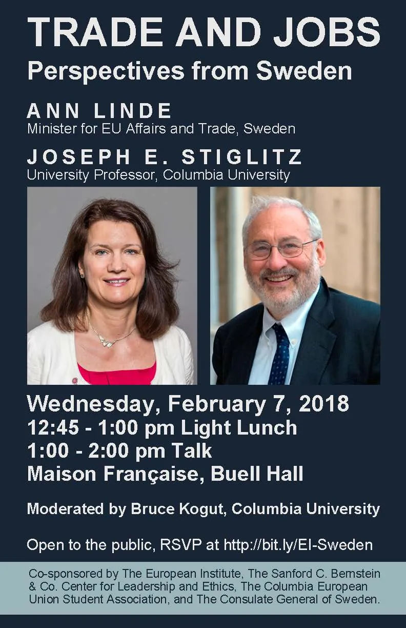 Flyer for "Trade and Jobs: Perspectives from Sweden" with text about the event and photos of speakers Ann Linde and Joseph Stiglitz