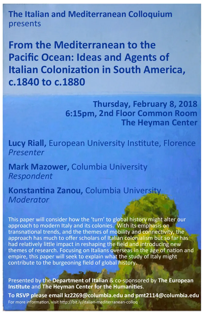 Flyer for "From The Mediterranean to the Pacific Ocean" event, with text details over an idyllic photo of sky and trees.