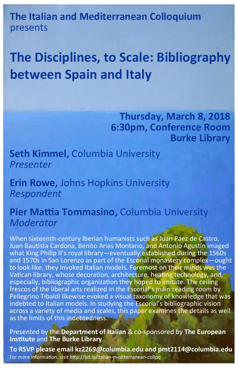 Flyer for "The Disciplines, to Scale" event, with text details over an idyllic photo of sky and trees.