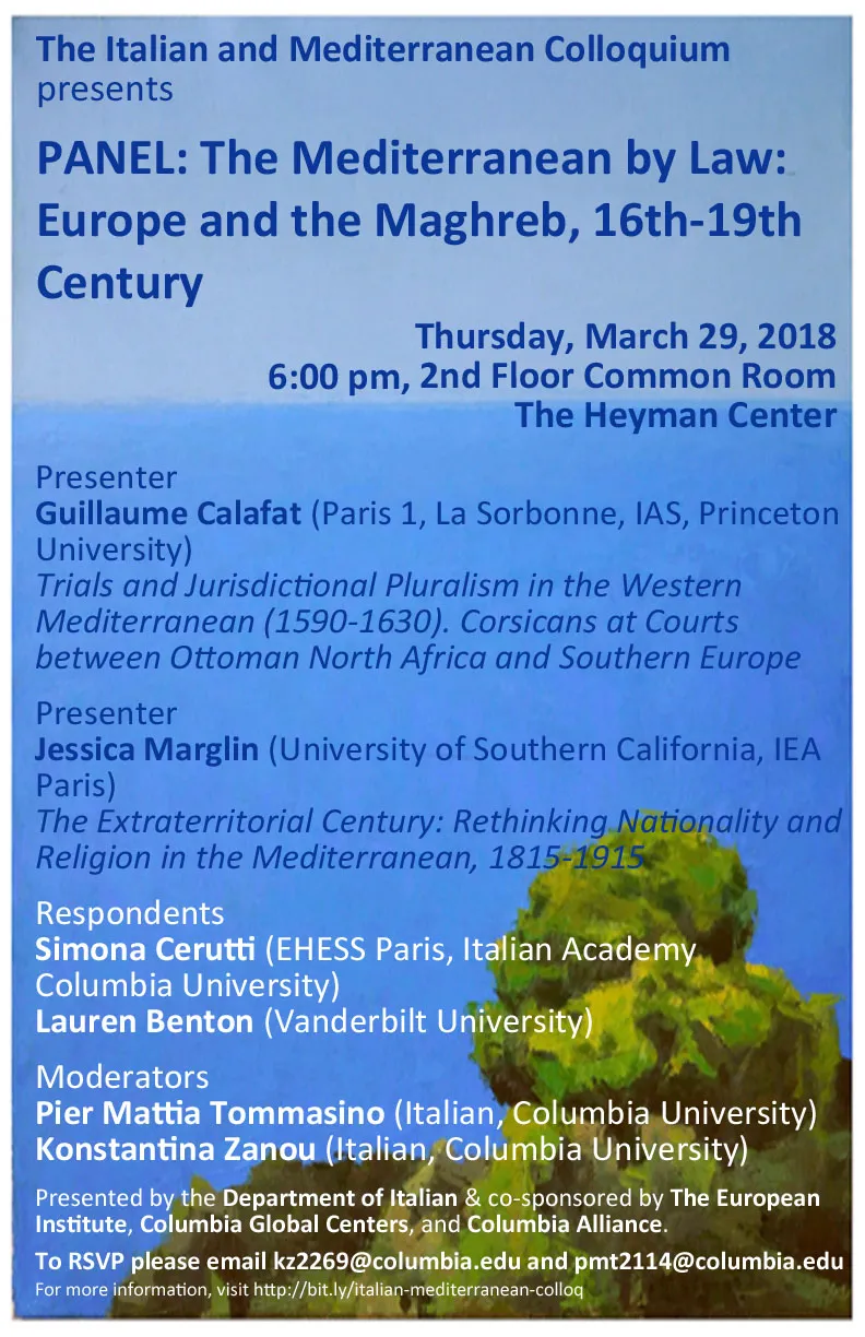 Flyer for "PANEL: The Mediterranean by Law: Europe and the Maghreb, 16th-19th Century"