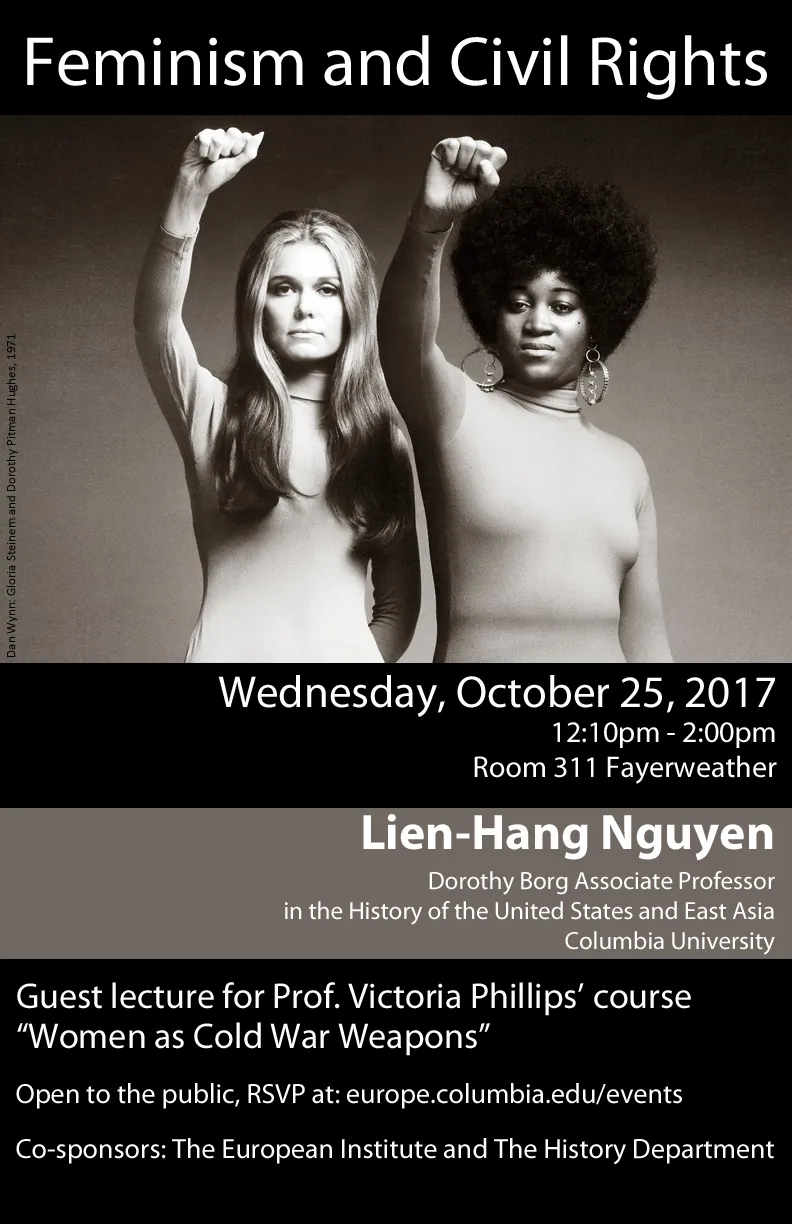 Flyer for the Feminism and Civil Rights — Women as Cold War Weapons series, with a photo of two women putting up their fists