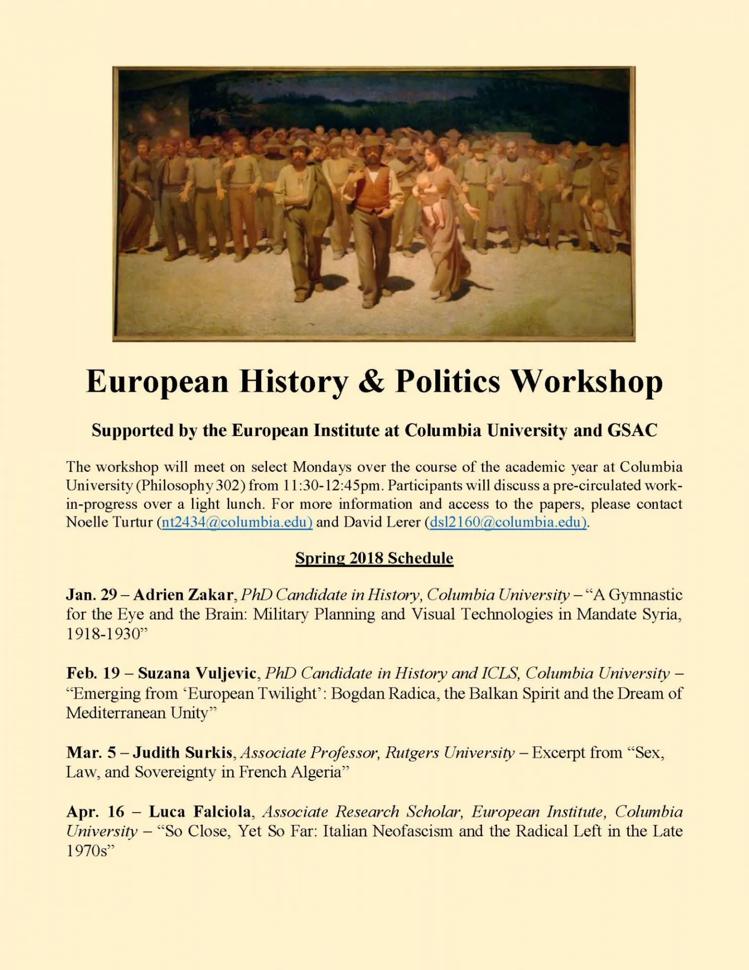Flyer for European History and Politics Workshop series, with text details about the events