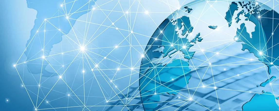 Image of a network with a globe at the bottom corner.