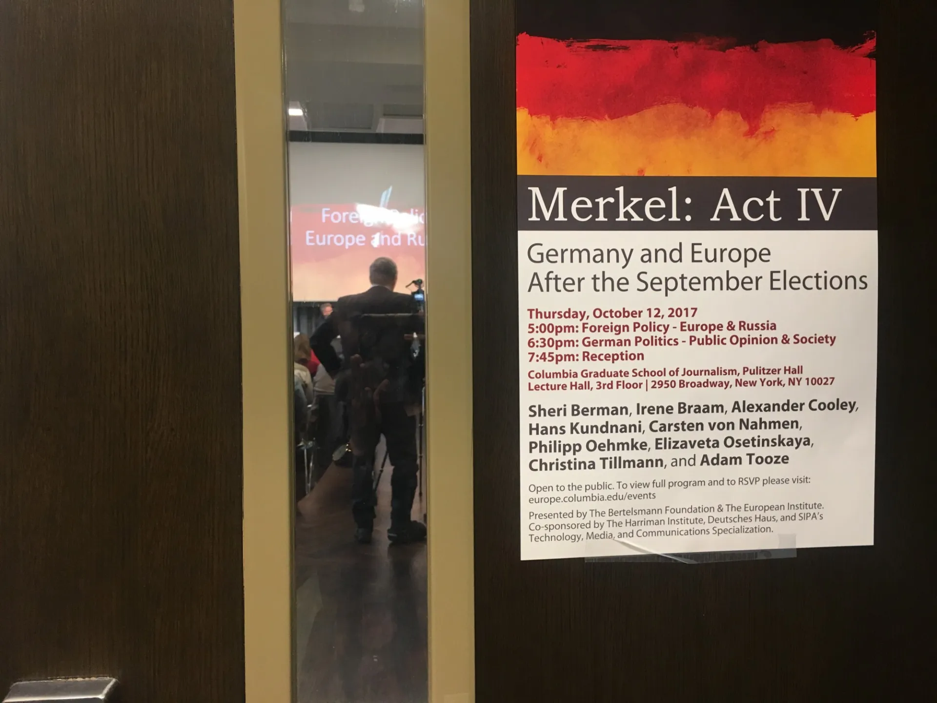 The poster for the event "Merkel: Act IV - Germany and Europe After the September Elections" at Columbia University. 