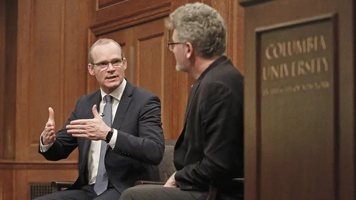 Simon Coveney speaking with Adam Tooze at Columbia University